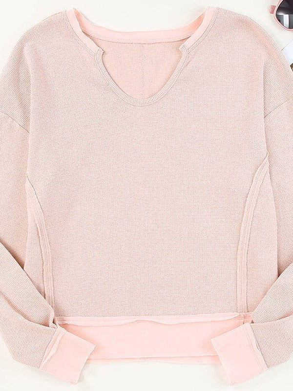 Versatile Long-Sleeve Solid Color Women's Sweatshirt with Waffle Style and Loose Fit