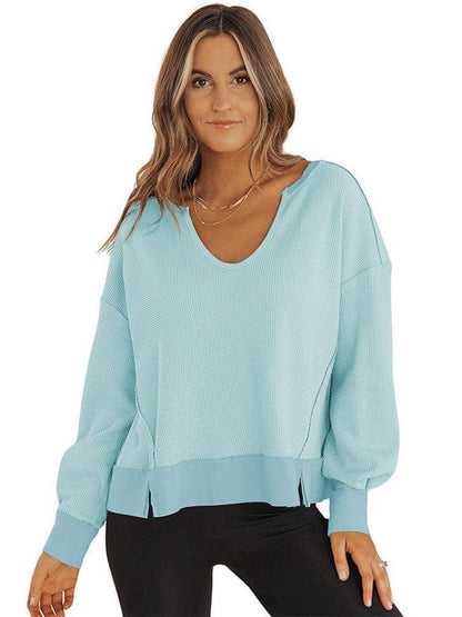 Versatile Long-Sleeve Solid Color Women's Sweatshirt with Waffle Style and Loose Fit