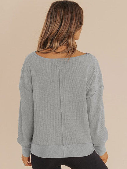 Versatile Long-Sleeve Solid Color Women's Sweatshirt with Waffle Style and Loose Fit