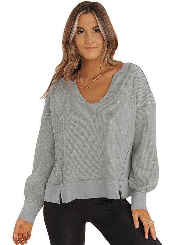 Versatile Long-Sleeve Solid Color Women's Sweatshirt with Waffle Style and Loose Fit