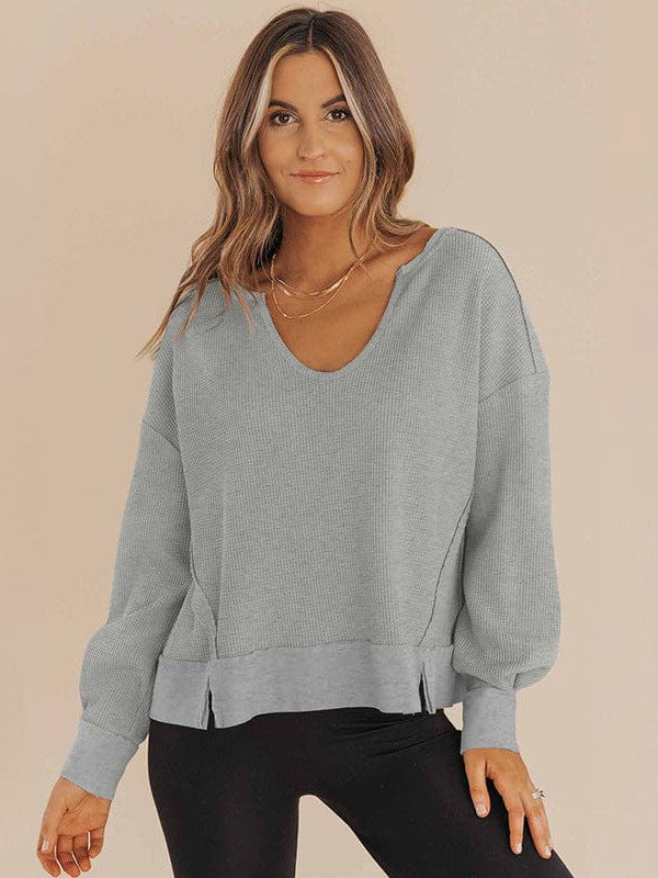 Versatile Long-Sleeve Solid Color Women's Sweatshirt with Waffle Style and Loose Fit