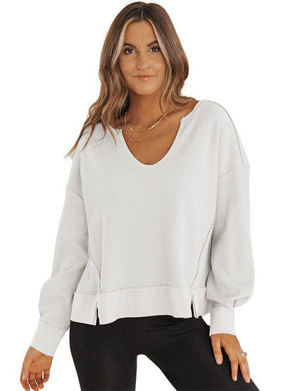 Versatile Long-Sleeve Solid Color Women's Sweatshirt with Waffle Style and Loose Fit