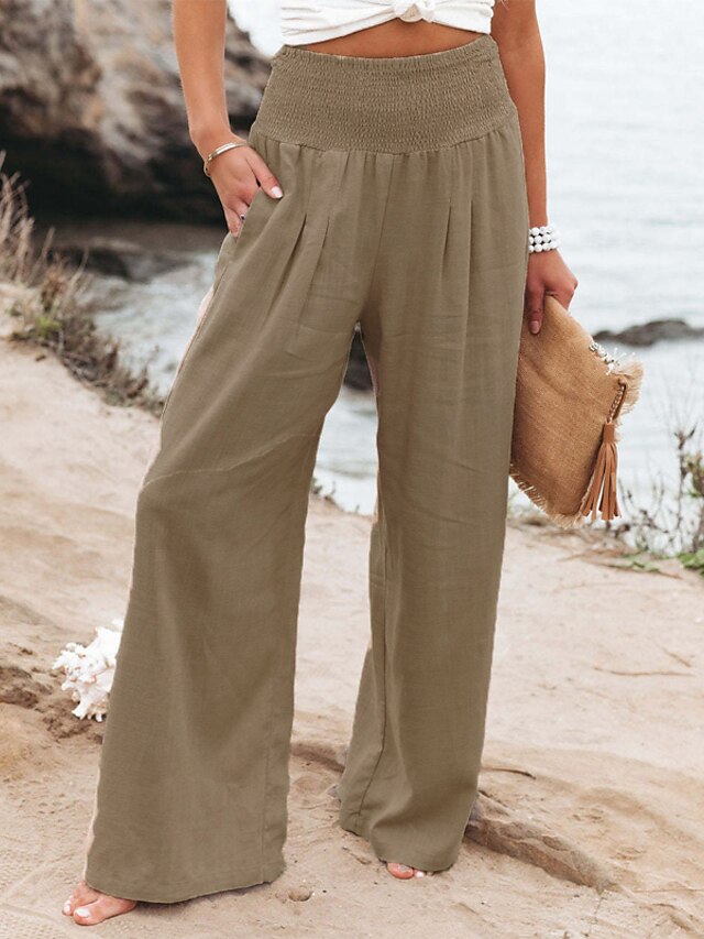 Women's Casual Fashion Culottes Wide Leg Chinos Wide Leg Side Pockets Full Length Pants Casual Weekend Micro-elastic Chinese Style Comfort Mid Waist White Black Khaki S M L XL XXL - LuckyFash™