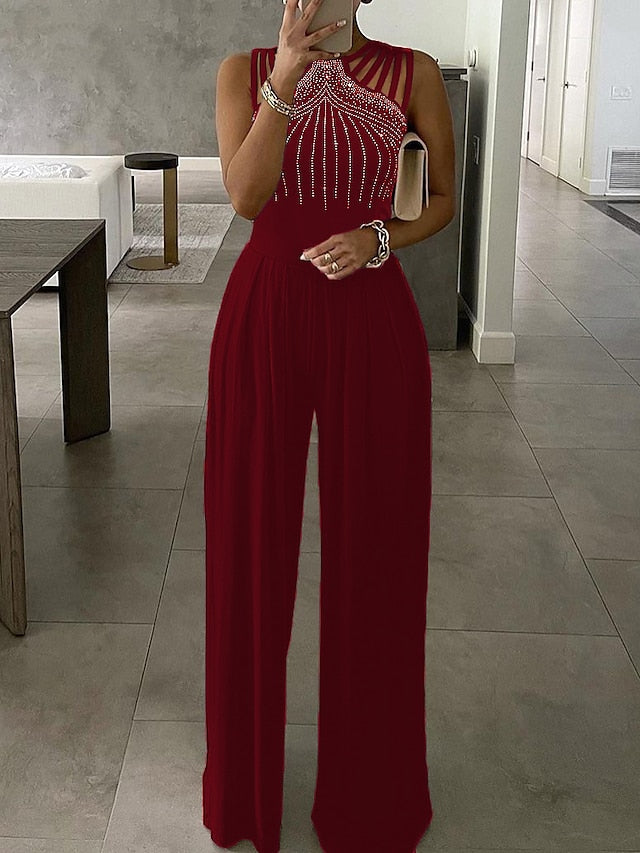 Women's Jumpsuit Beaded Solid Color Crew Neck Elegant Party Evening Prom Wide Leg Regular Fit Sleeveless Blue Black