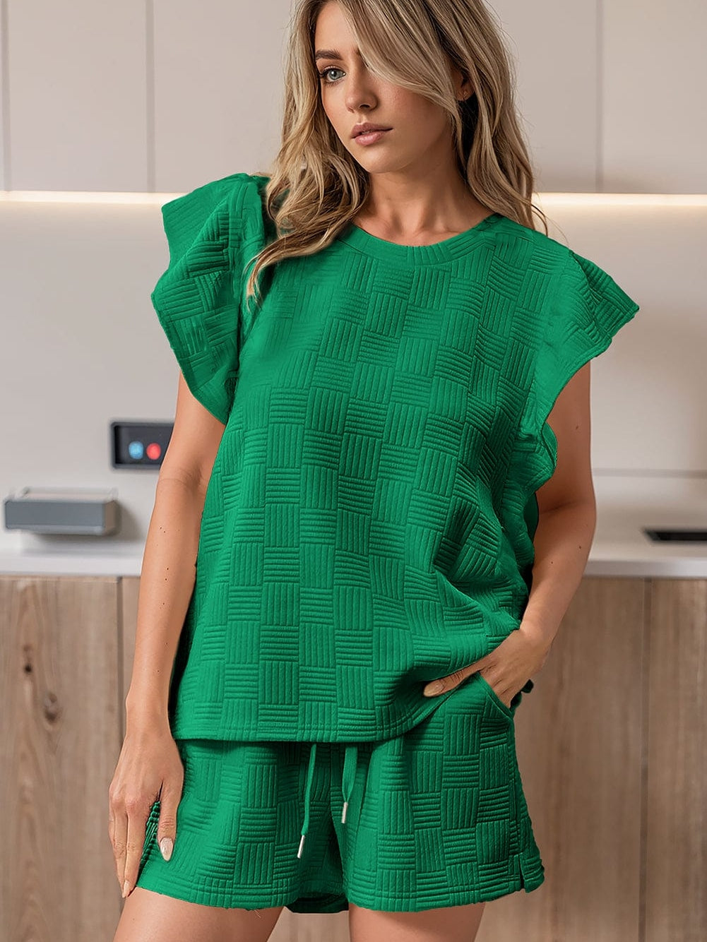 Vibrant Green Textured Ruffle Sleeve Top and Shorts Ensemble