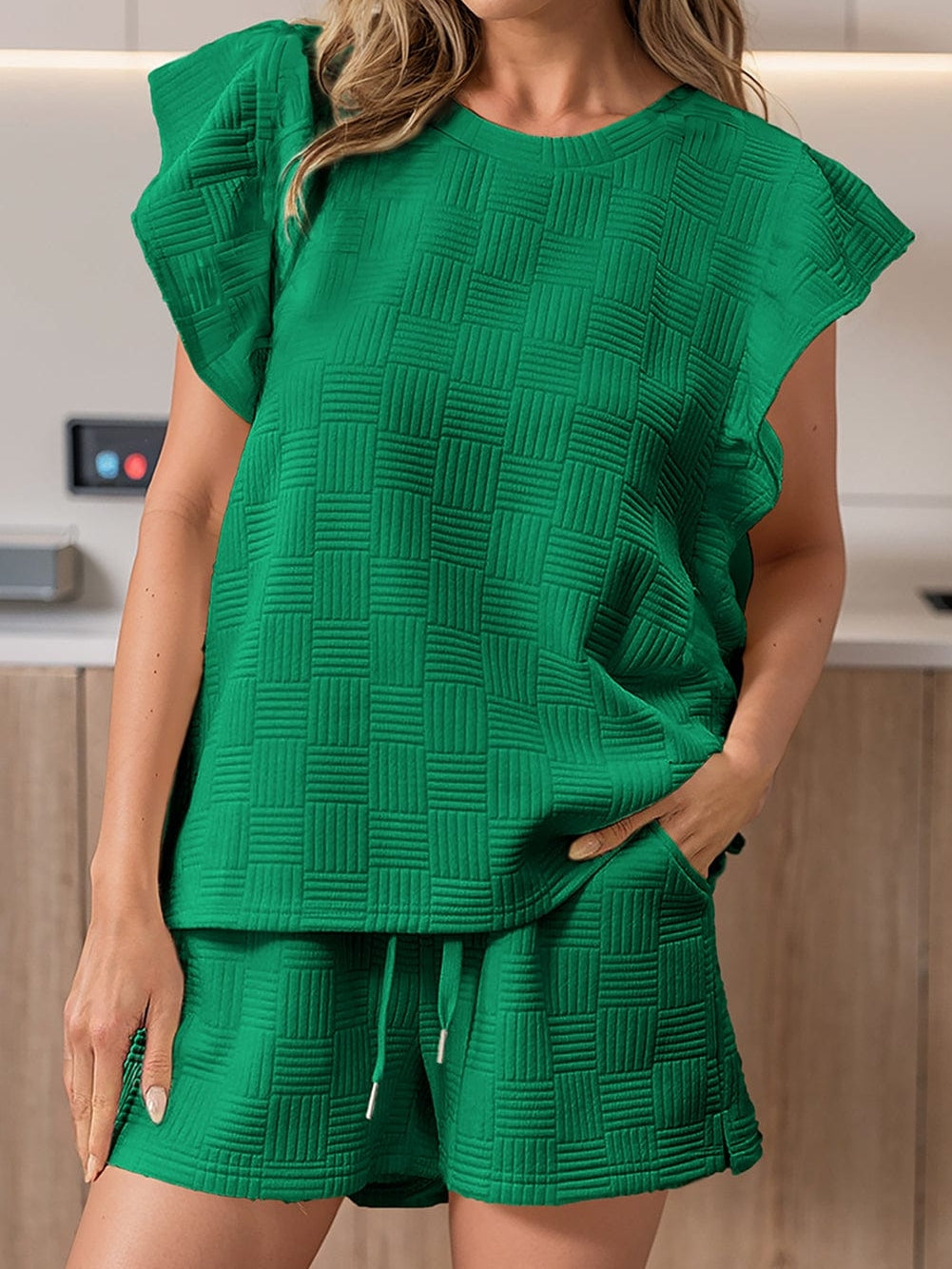 Vibrant Green Textured Ruffle Sleeve Top and Shorts Ensemble