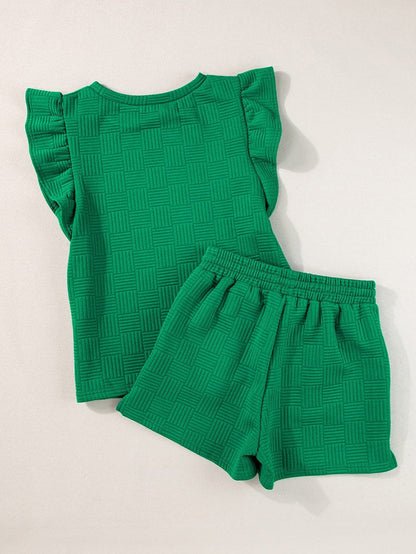 Vibrant Green Textured Ruffle Sleeve Top and Shorts Ensemble