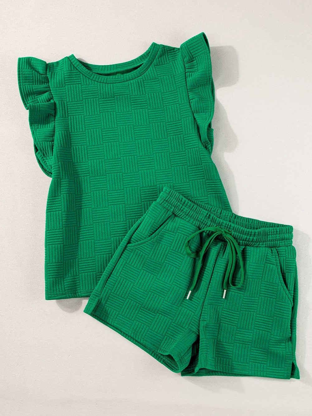 Vibrant Green Textured Ruffle Sleeve Top and Shorts Ensemble