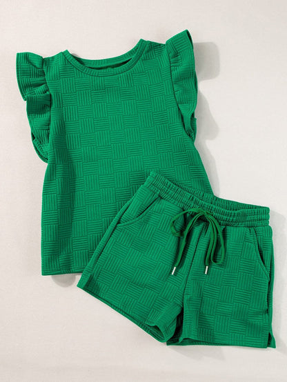 Vibrant Green Textured Ruffle Sleeve Top and Shorts Ensemble