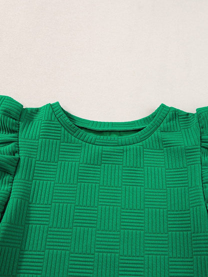 Vibrant Green Textured Ruffle Sleeve Top and Shorts Ensemble