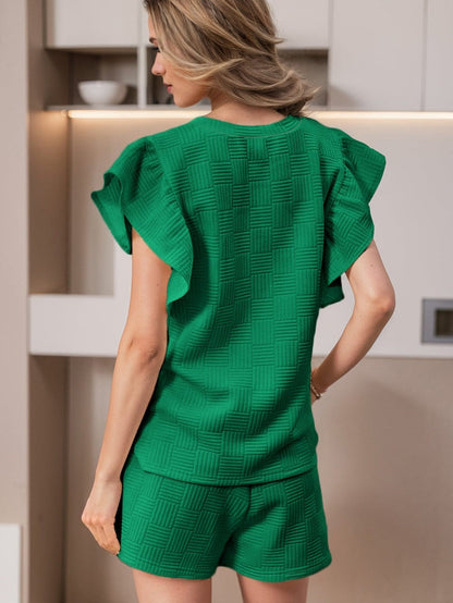 Vibrant Green Textured Ruffle Sleeve Top and Shorts Ensemble