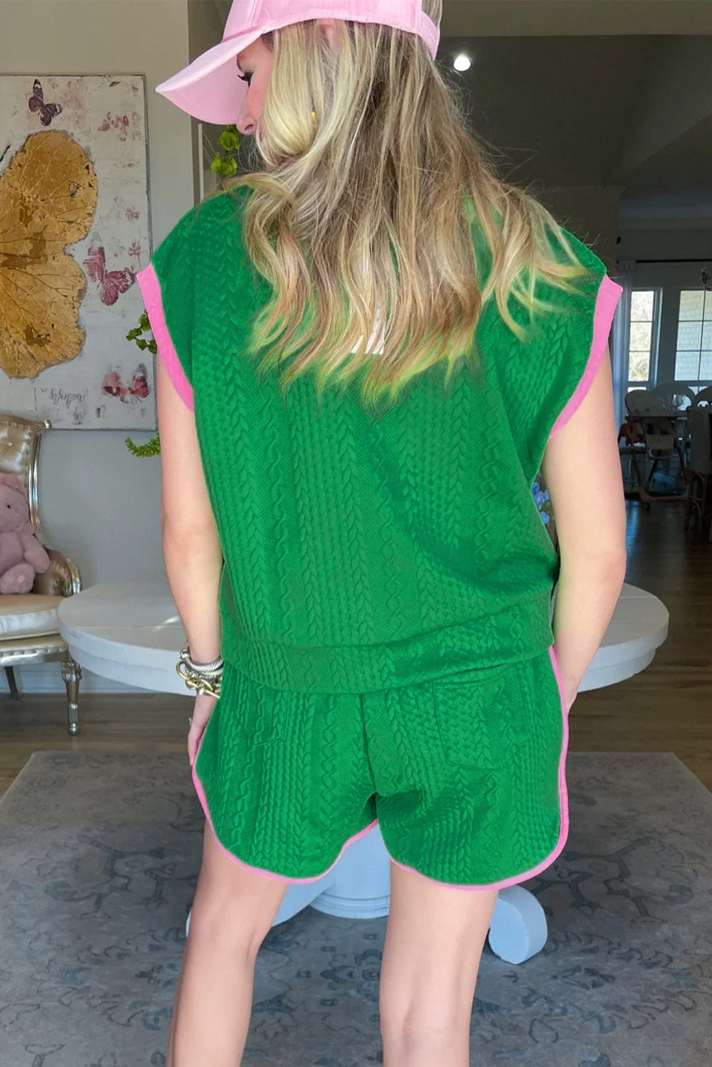 Vibrant Green Textured Shorts Set with Color Block Trim