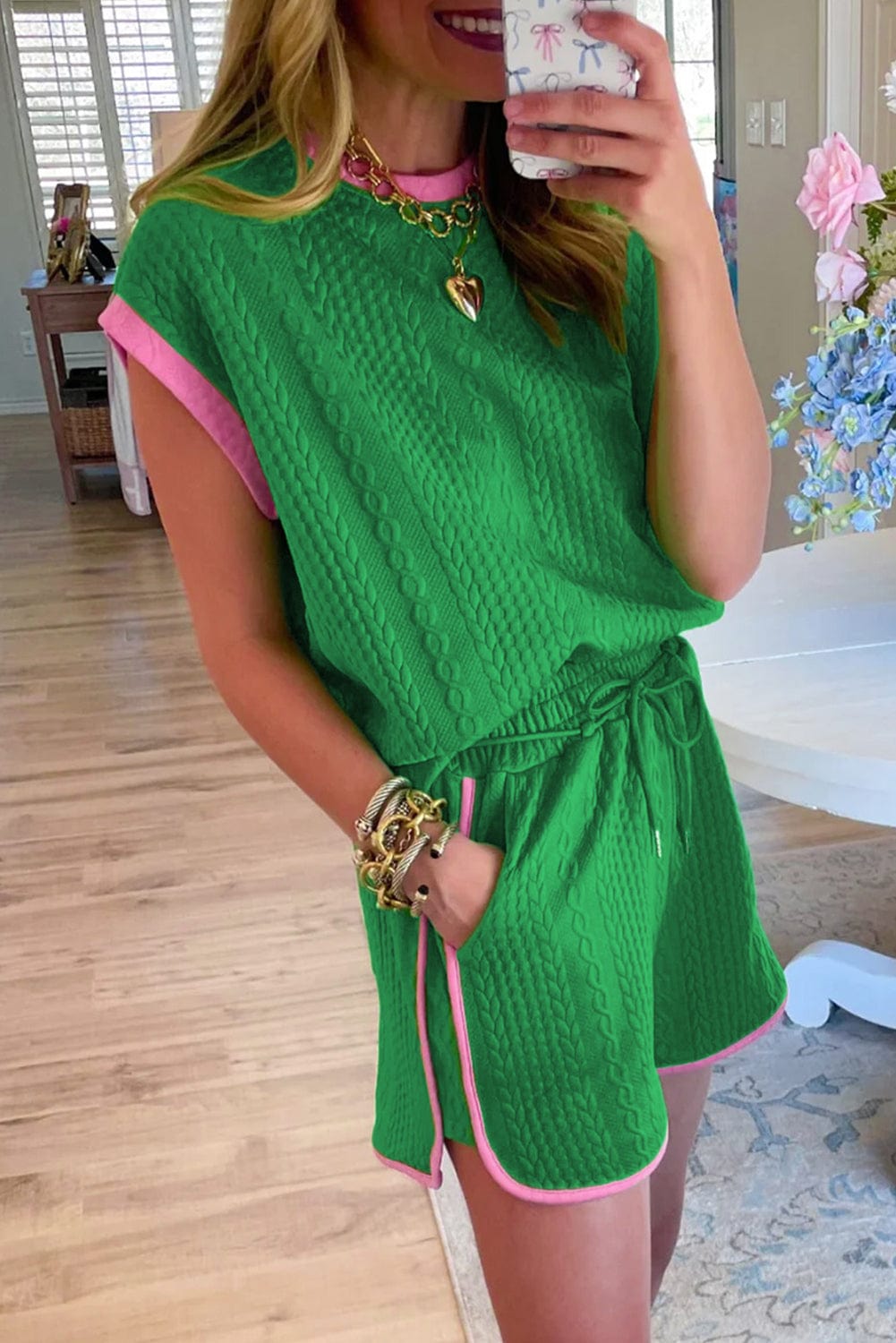 Vibrant Green Textured Shorts Set with Color Block Trim