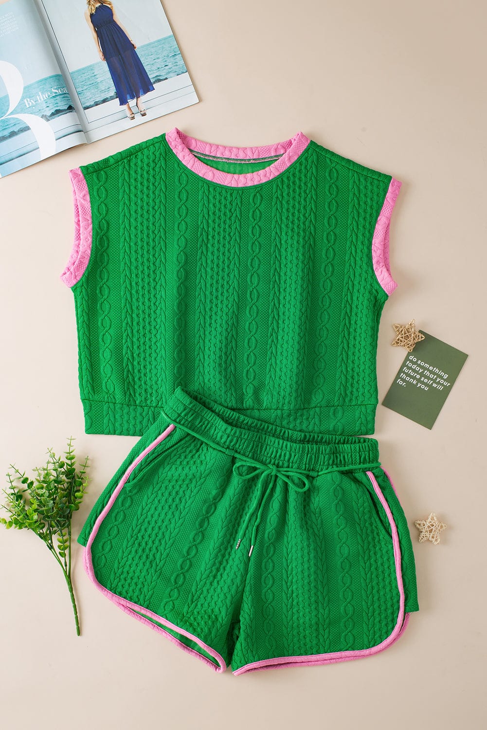 Vibrant Green Textured Shorts Set with Color Block Trim