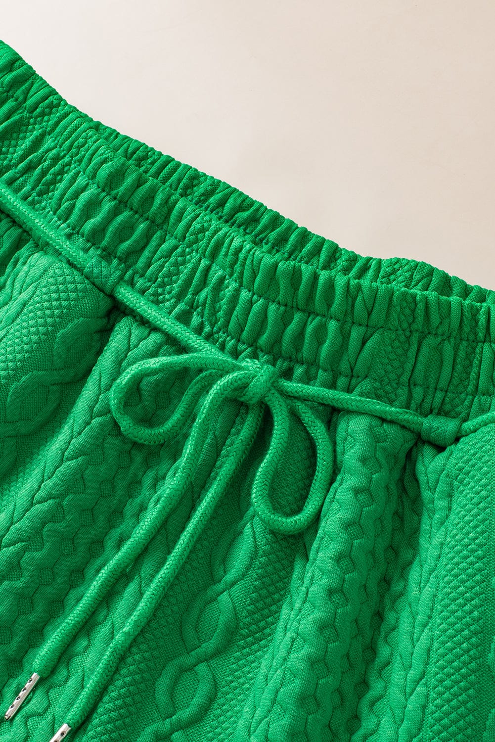 Vibrant Green Textured Shorts Set with Color Block Trim