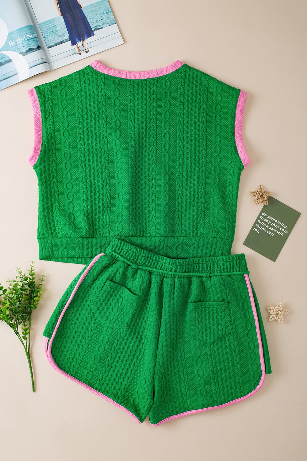 Vibrant Green Textured Shorts Set with Color Block Trim