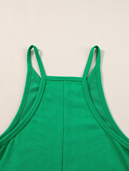 Vibrant Green V-Neck Sleeveless Romper with Pockets