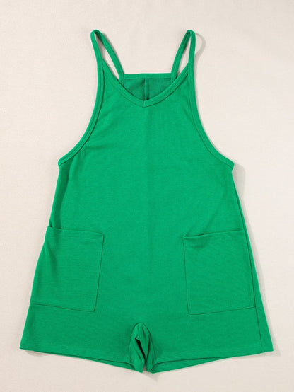 Vibrant Green V-Neck Sleeveless Romper with Pockets