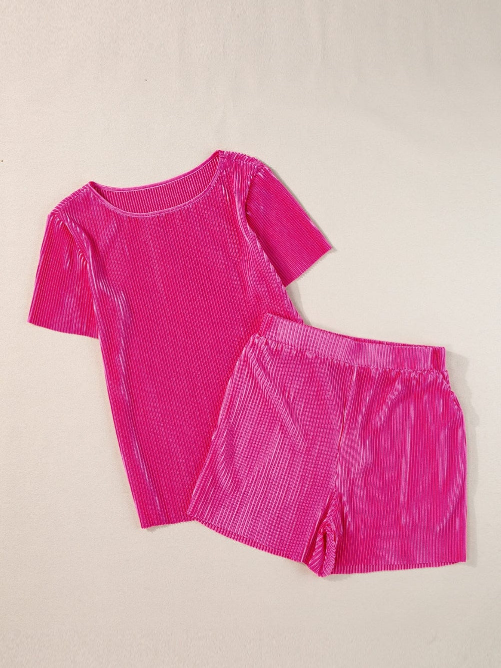 Vibrant Pink Satin Pleated Two-Piece Ensemble