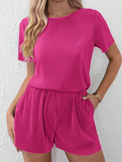 Vibrant Pink Satin Pleated Two-Piece Ensemble