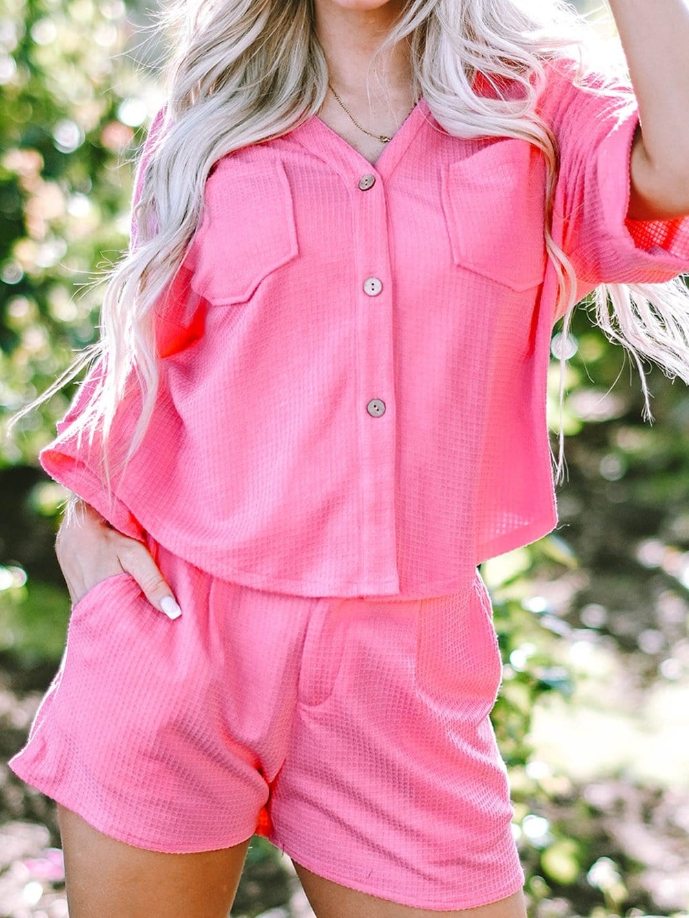 Vibrant Pink Waffle Knit Half Sleeve Shirt and Shorts Set