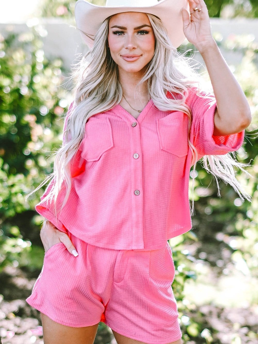 Vibrant Pink Waffle Knit Half Sleeve Shirt and Shorts Set