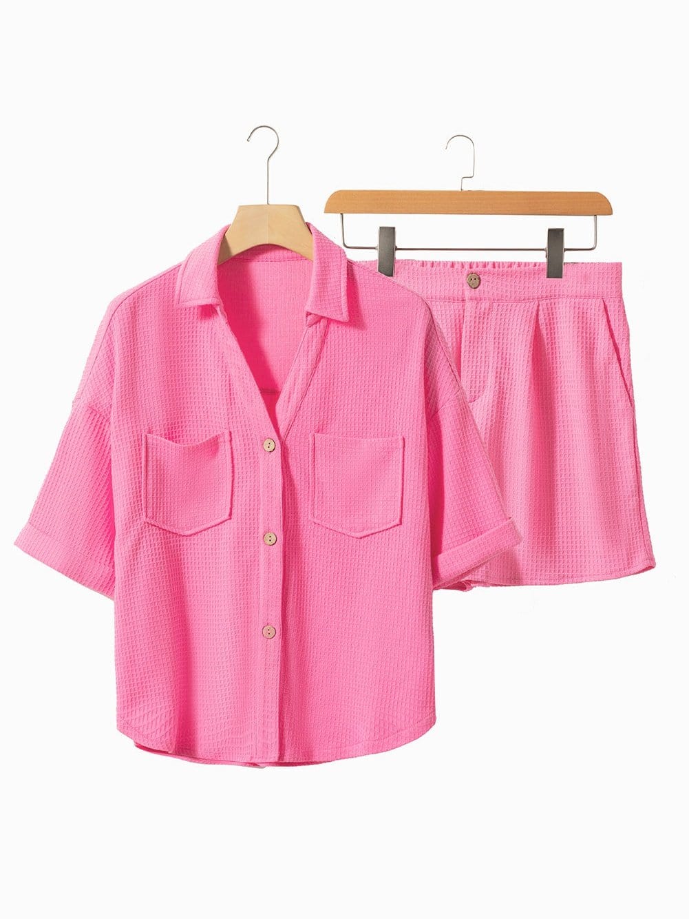 Vibrant Pink Waffle Knit Half Sleeve Shirt and Shorts Set