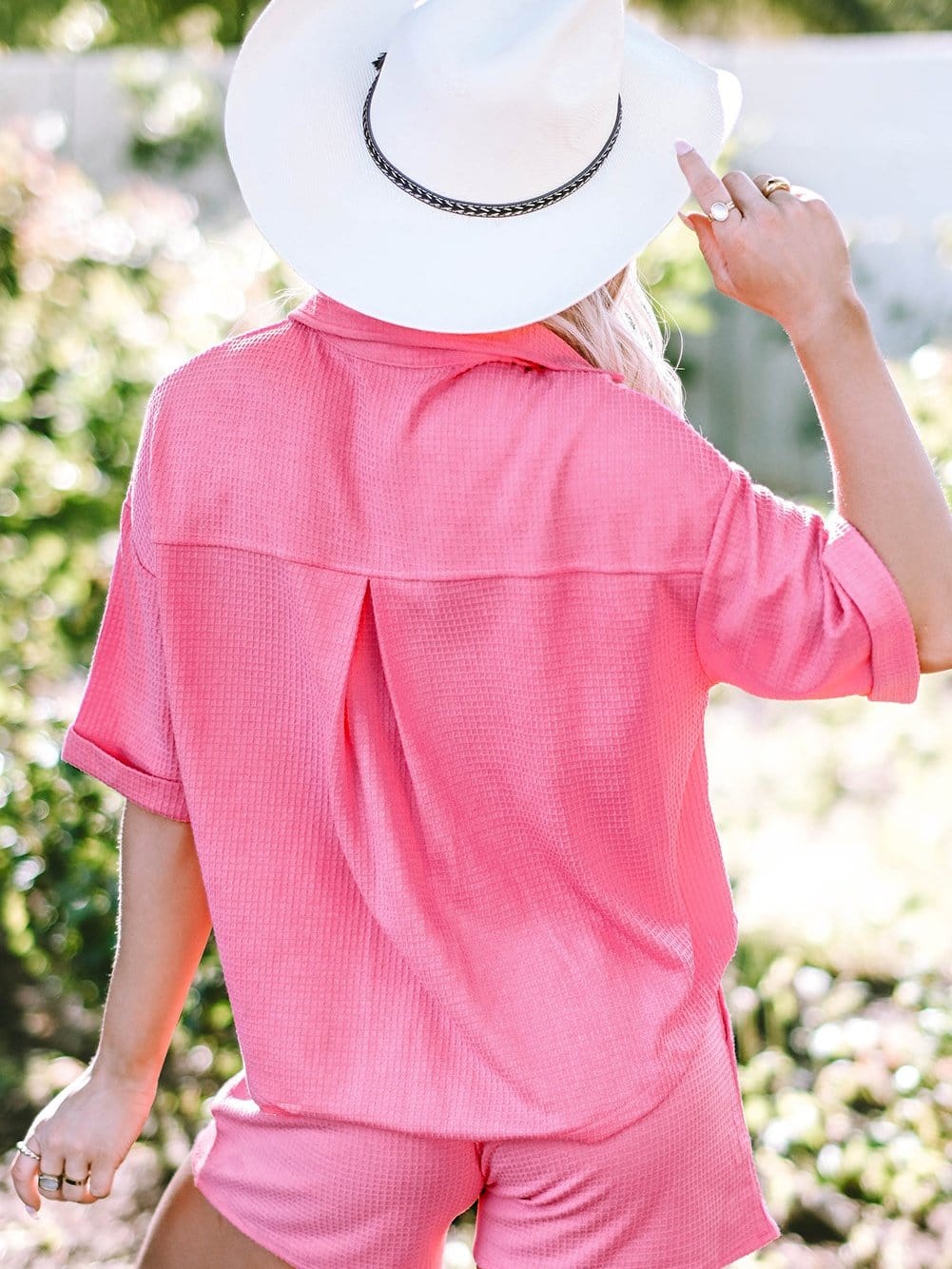 Vibrant Pink Waffle Knit Half Sleeve Shirt and Shorts Set