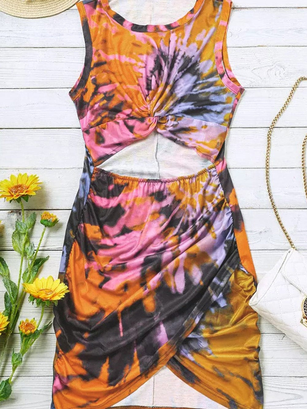 Vibrant Tie-dye Hollow Out Bodycon Mini Dress with Twist Detail