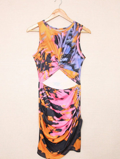 Vibrant Tie-dye Hollow Out Bodycon Mini Dress with Twist Detail