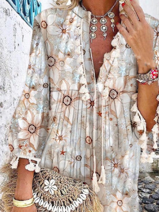 Vintage Print V-Neck Long Sleeve Fringe Dress