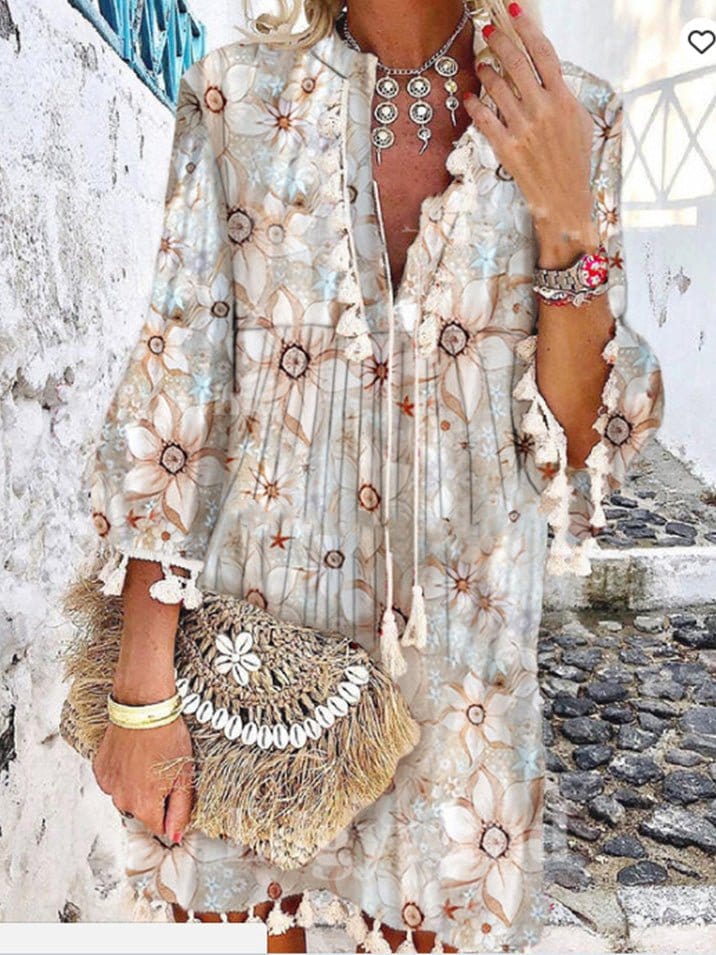 Vintage Print V-Neck Long Sleeve Fringe Dress