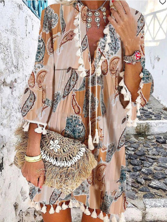 Vintage Print V-Neck Long Sleeve Fringe Dress