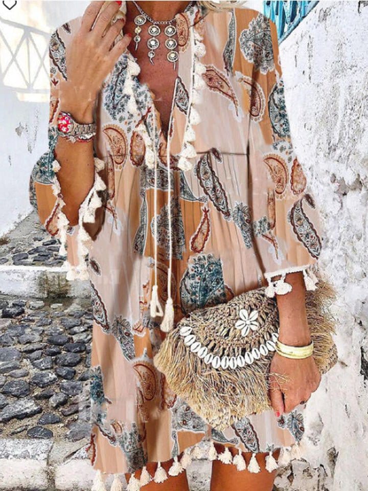 Vintage Print V-Neck Long Sleeve Fringe Dress