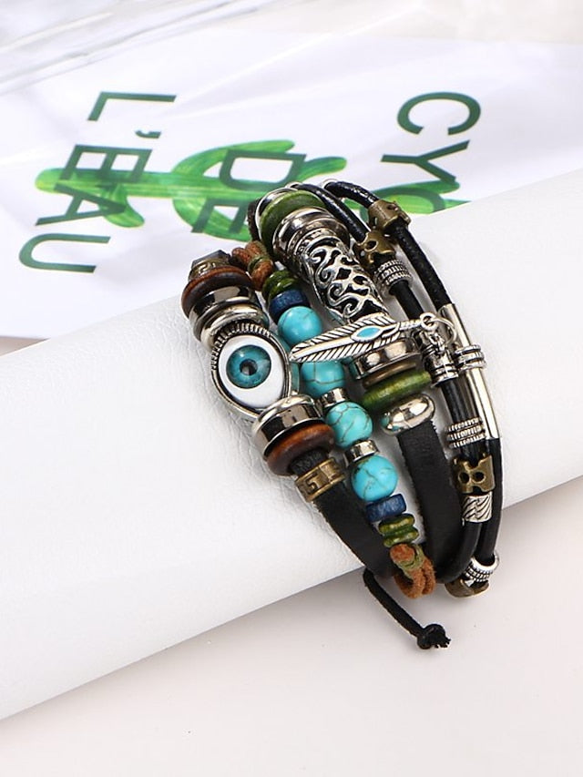 Men's Turquoise Leather Bracelet Classic Retro Leaf Punk Classic Rock Leather Bracelet Jewelry Black / Silver / Red / Orange / Light Brown For Gift Daily Beach - LuckyFash™