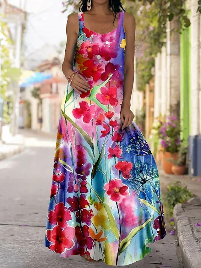 Women's Long Dress Maxi Dress Casual Dress A Line Dress Summer Dress Floral Butterfly Color Gradient Fashion Streetwear Daily Date Going out Print Sleeveless Strap Dress Regular Fit Yellow Red Royal - LuckyFash™