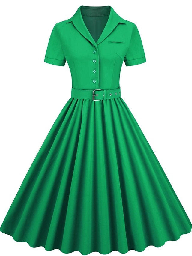 Women's Vintage Tea Dresses Swing Dress Midi Dress Pink Red Dark Green Short Sleeve Pure Color Ruched Spring Fall Winter Shirt Collar 1950s Vacation Tea Party Fall Dress 2023 S M L XL XXL - LuckyFash™