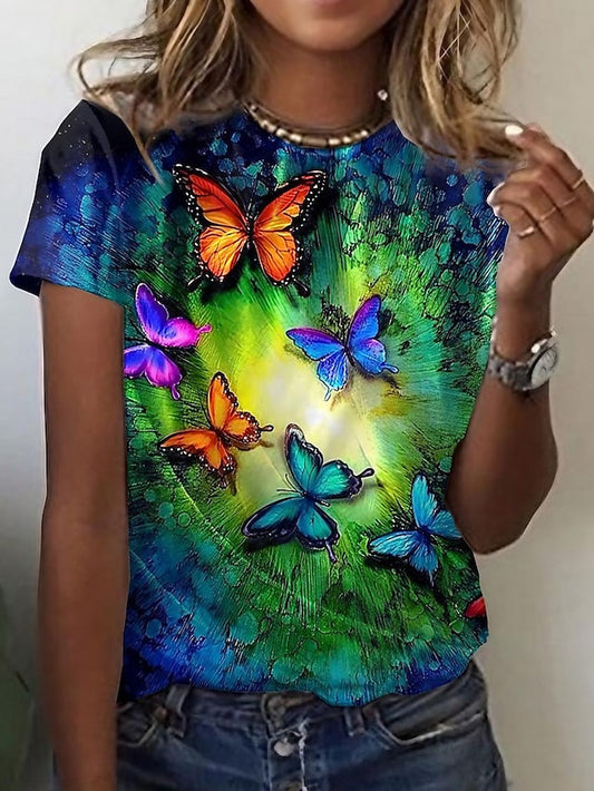 Women's T shirt Tee Graphic Butterfly Blue Print Short Sleeve Daily Weekend Basic Round Neck Regular Fit