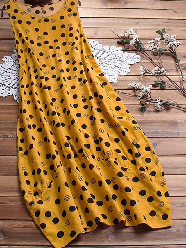 Women's Swing Dress Boho Dress Midi Dress Black White Yellow Sleeveless Polka Dot Print Spring Summer Crew Neck Hot 2023 S M L XL XXL 3XL 4XL 5XL - LuckyFash™