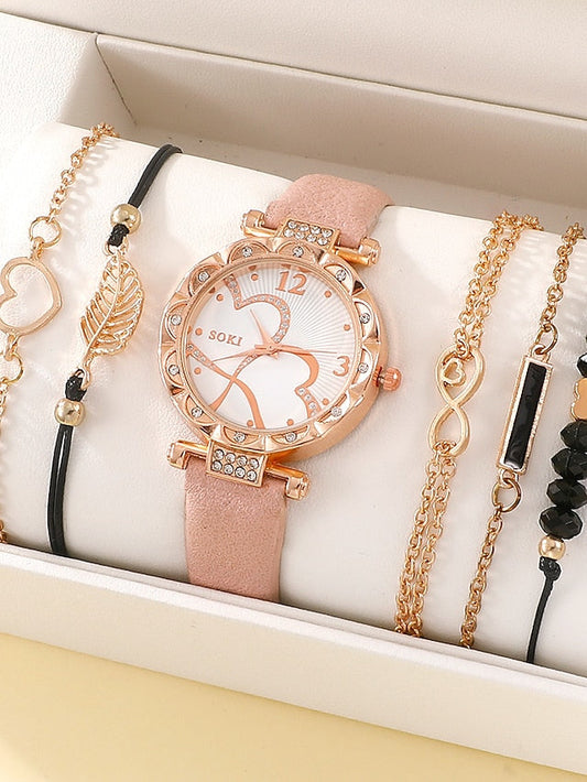5PCs Set Fashion Women Quartz Watch With Bracelet Set Luxury Fancy Women Quartz Watches Jewelry Sophisticated Stylish Casual Ladies Watch Clock Gift