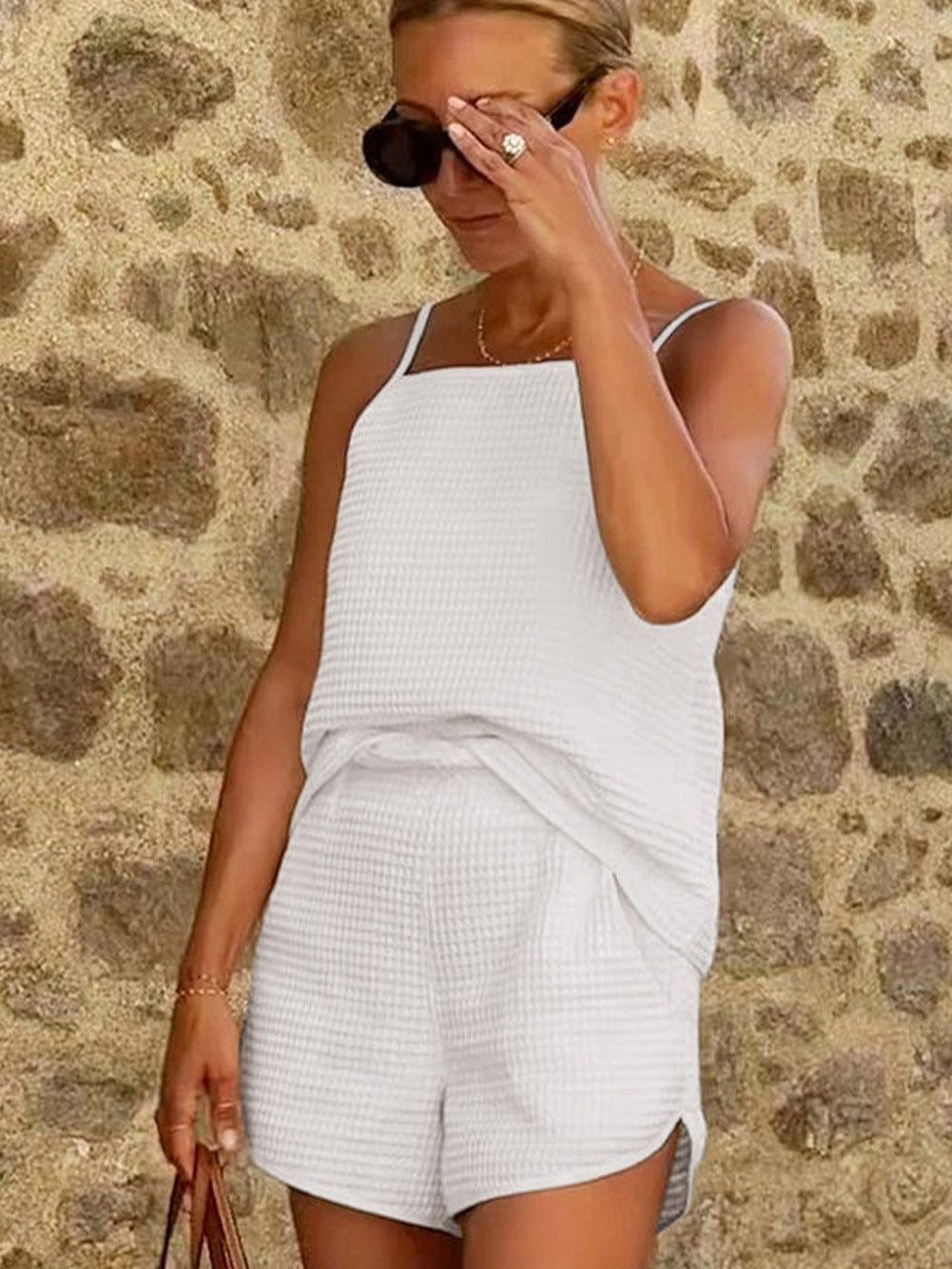 Waffle Knit White Cami and Shorts Set for Summer Chic