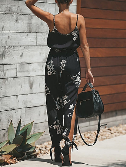 Women's Jumpsuit Drawstring Floral V Neck Casual Daily Holiday Harem Regular Fit Spaghetti Strap White Wine Army Green S M L Summer - LuckyFash™