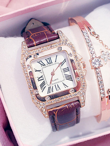 Quartz Watches for Women's Women Analog Diamond Watch Starry Square Dial Bracelet Set Ladies Leather Band Wristwatch Female Clock - LuckyFash™