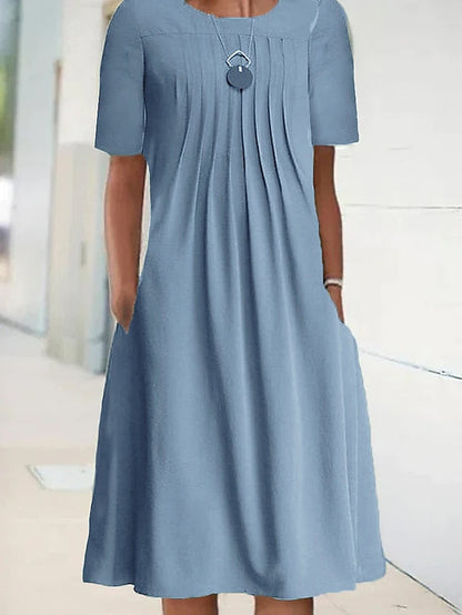 Women's Casual Dress Shift Dress Midi Dress Blue Green Short Sleeve Pure Color Ruched Fall Spring Summer Crew Neck Basic Daily Weekend Loose Fit 2023 S M L XL XXL 3XL 4XL 5XL - LuckyFash™