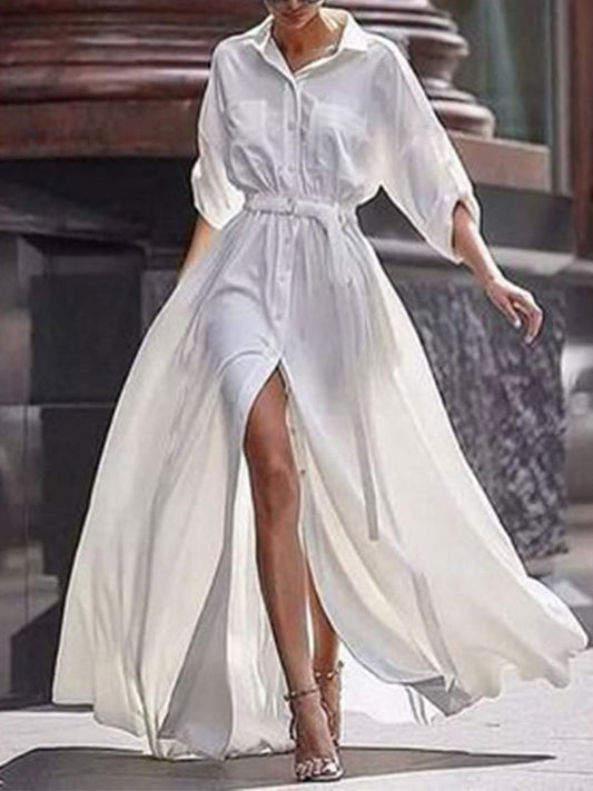 White Chiffon Shirt Dress With Big Slit for Women