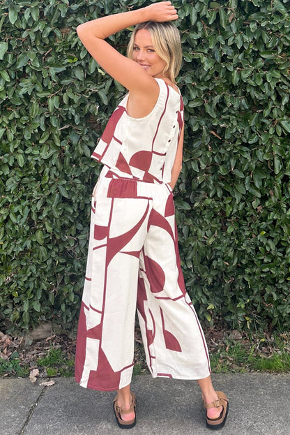 White Geometric Print Sleeveless Vest and Wide Leg Pants Set