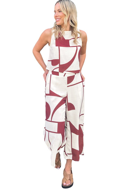 White Geometric Print Sleeveless Vest and Wide Leg Pants Set