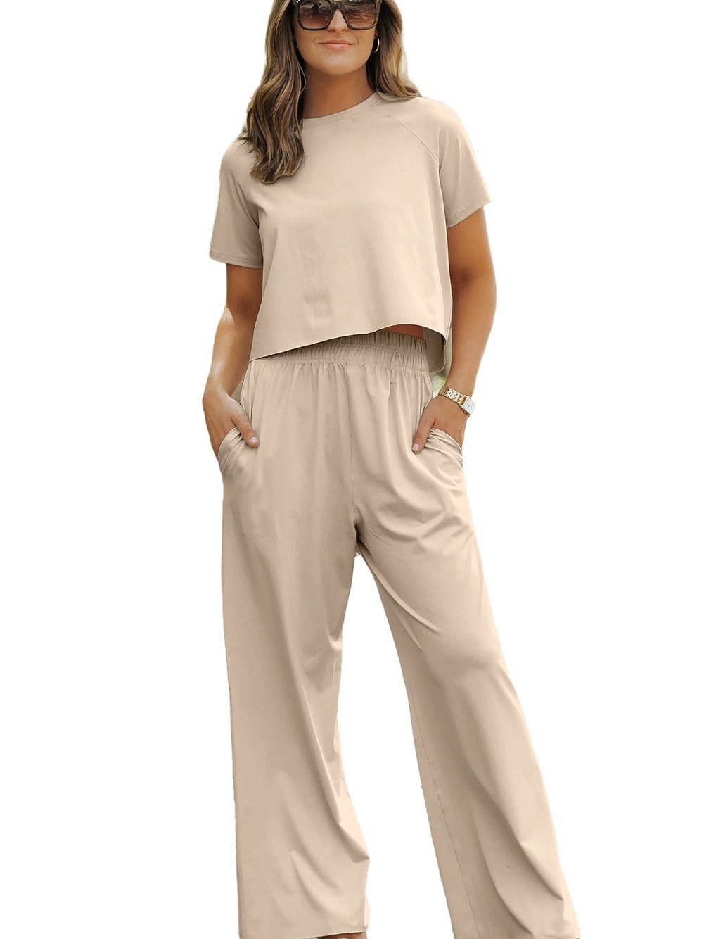 White Raw Edge Loose Tee and Wide Leg Pants Matching Set