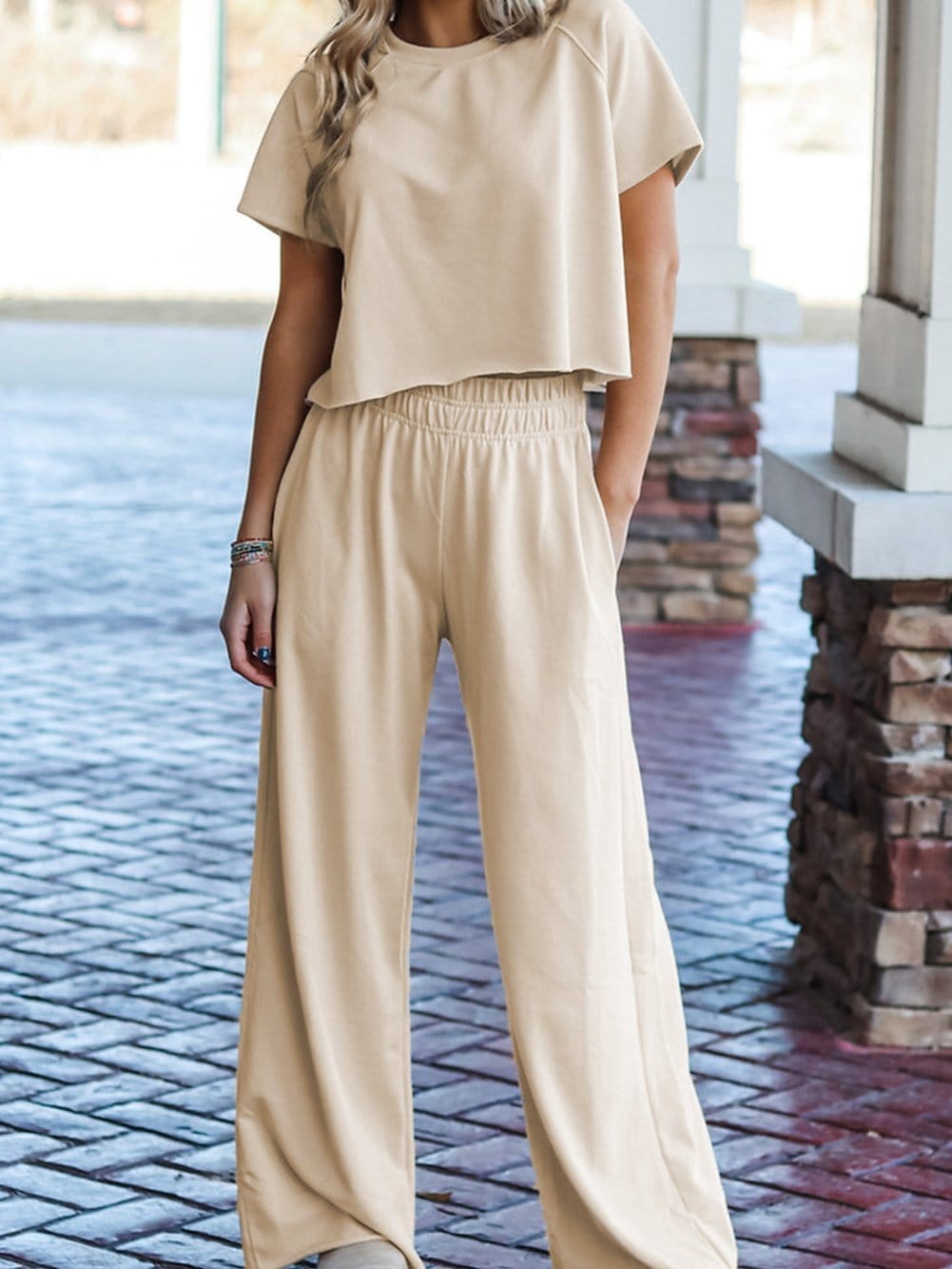 White Raw Edge Loose Tee and Wide Leg Pants Matching Set