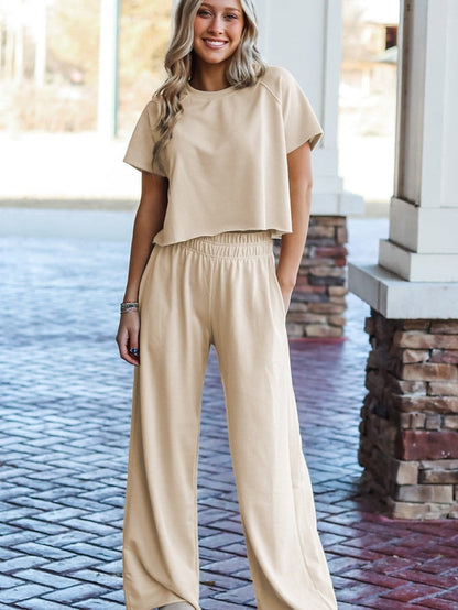 White Raw Edge Loose Tee and Wide Leg Pants Matching Set